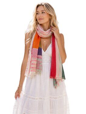 CAbi Lightweight Geometric Multi-Color Print Scarf Red Orange White Pink Gray EC